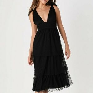 EUC Lulu's Tier's to Us Black Swiss Dot Tie-Strap Tiered Midi Dress